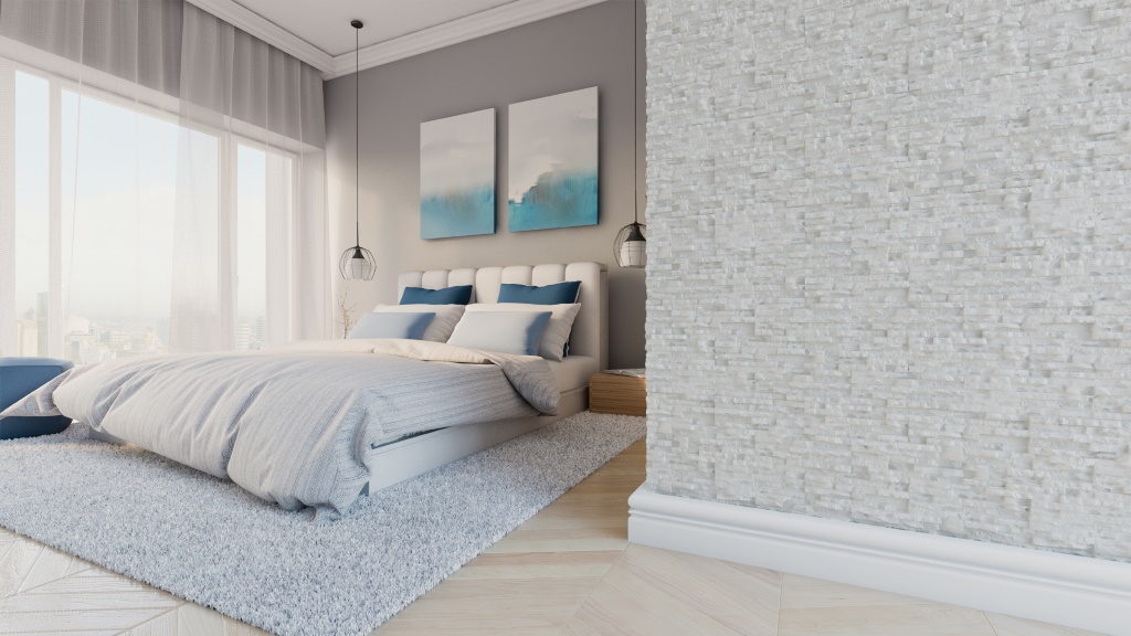 Inspiracje kamień na ścianie w sypialni – naturalne piękno