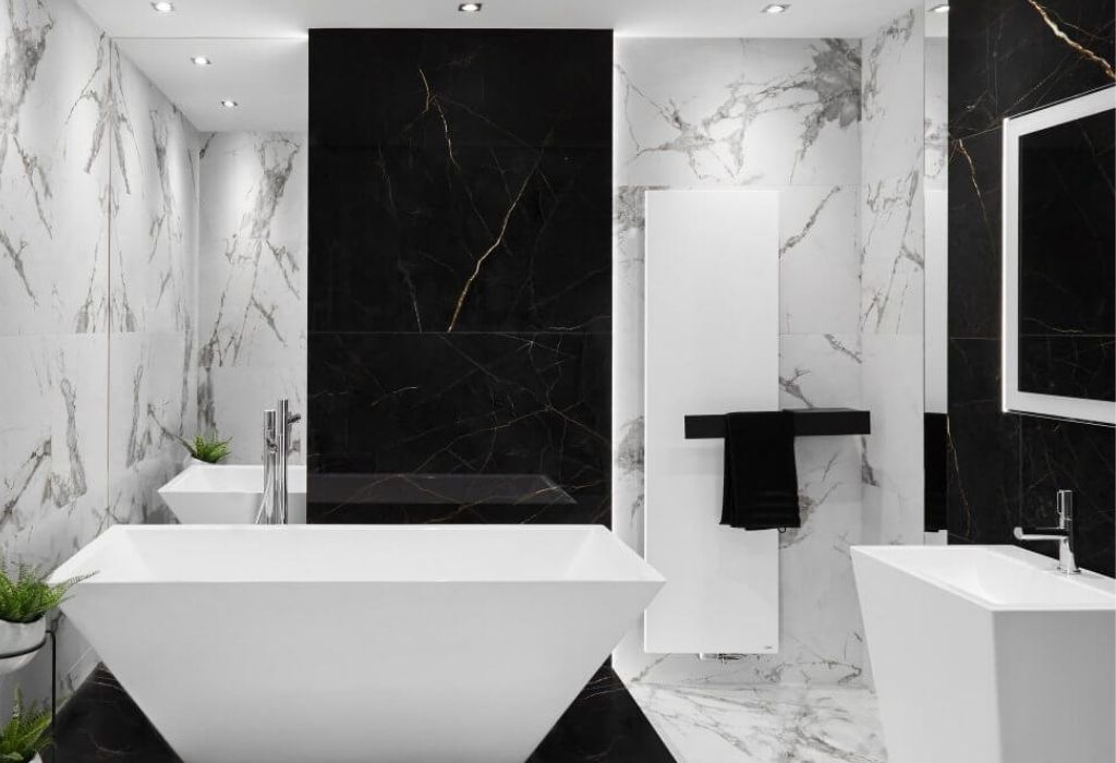 white black marble bathroom, white panel heater