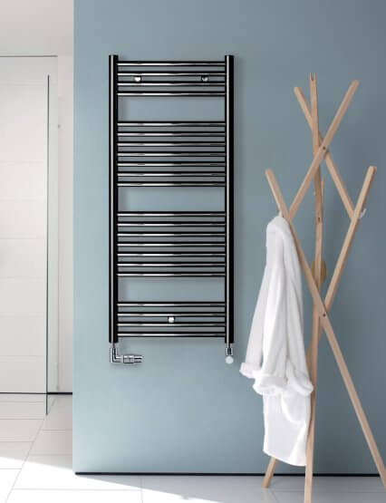 pastel bathroom, blue wall. black radiator