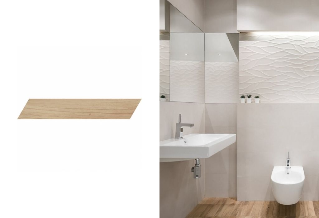 łazienka z płytką imitujaca drewno, białe plytki na ścianie, białe płytki 3d