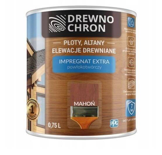 Zestaw Impregnat Extra Powłokotwórczy Mahoń 0,75L Drewnochron + Pędzel Włoski 70 mm GRATIS