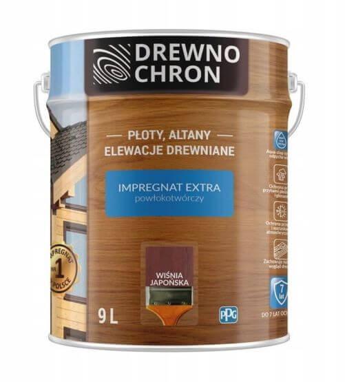Zestaw Impregnat Extra Powłokotwórczy Wiśnia Japońska 9L Drewnochron + Pędzel Włoski 70 mm GRATIS Zestaw Impregnat Extra Powłokotwórczy Wiśnia Japońska 9L Drewnochron + Pędzel Włoski 70 mm GRATIS