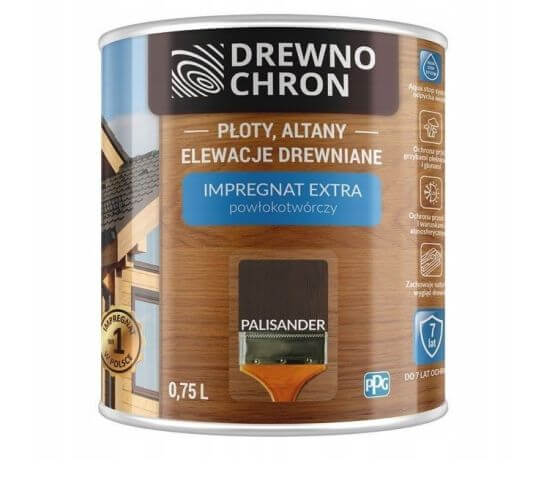 Zestaw  Impregnat Extra Powłokotwórczy Palisander Średni 0,75L Drewnochron + Pędzel Włoski 70 mm GRATIS
