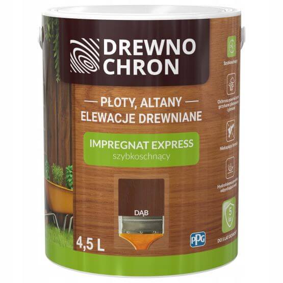 Zestaw Impregnat Express Ogród Dąb 4.5L Drewnochron + Pędzel Włoski 70 mm GRATIS