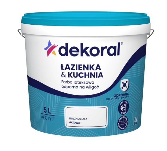 Zestaw Farba Lateksowa Łazienka&Kuchnia Maleinak Biały Mat 5L Dekoral + Pędzel Angielski 70x14mm