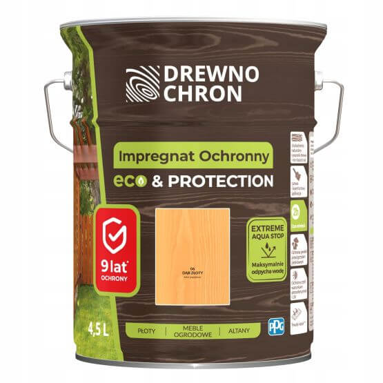 Zestaw Impregnat Ochronny Eco&Protection Dąb Złoty 4.5L Drewnochron + Pędzel Włoski 70 mm GRATIS Zestaw Impregnat Ochronny Eco&Protection Dąb Złoty 4.5L Drewnochron + Pędzel Włoski 70 mm GRATIS