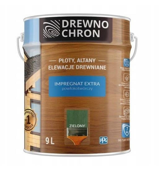 Zestaw Impregnat Extra Powłokotwórczy Zielony 9L Drewnochron + Pędzel Włoski 70 mm GRATIS