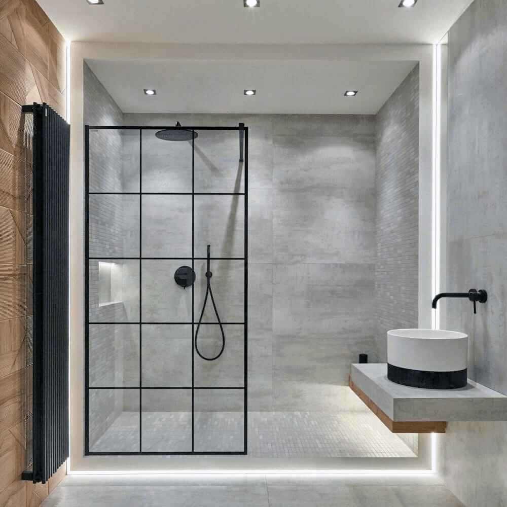 Szara łazienka z prysznicem bez brodzika | Aranżacje Inspiracje Viverto