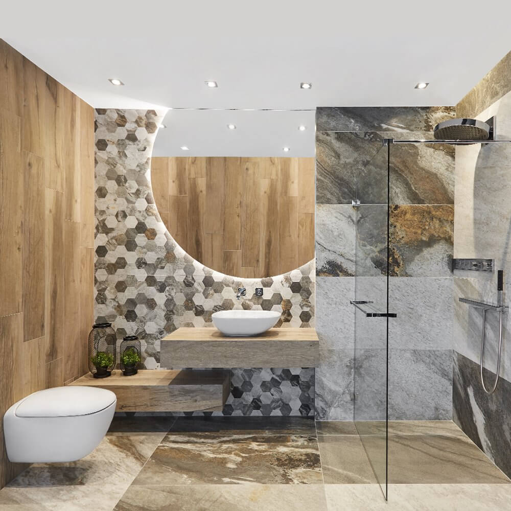 Łazienka z kamienną mozaiką viverto.pl Naturalny aranż viverto.pl