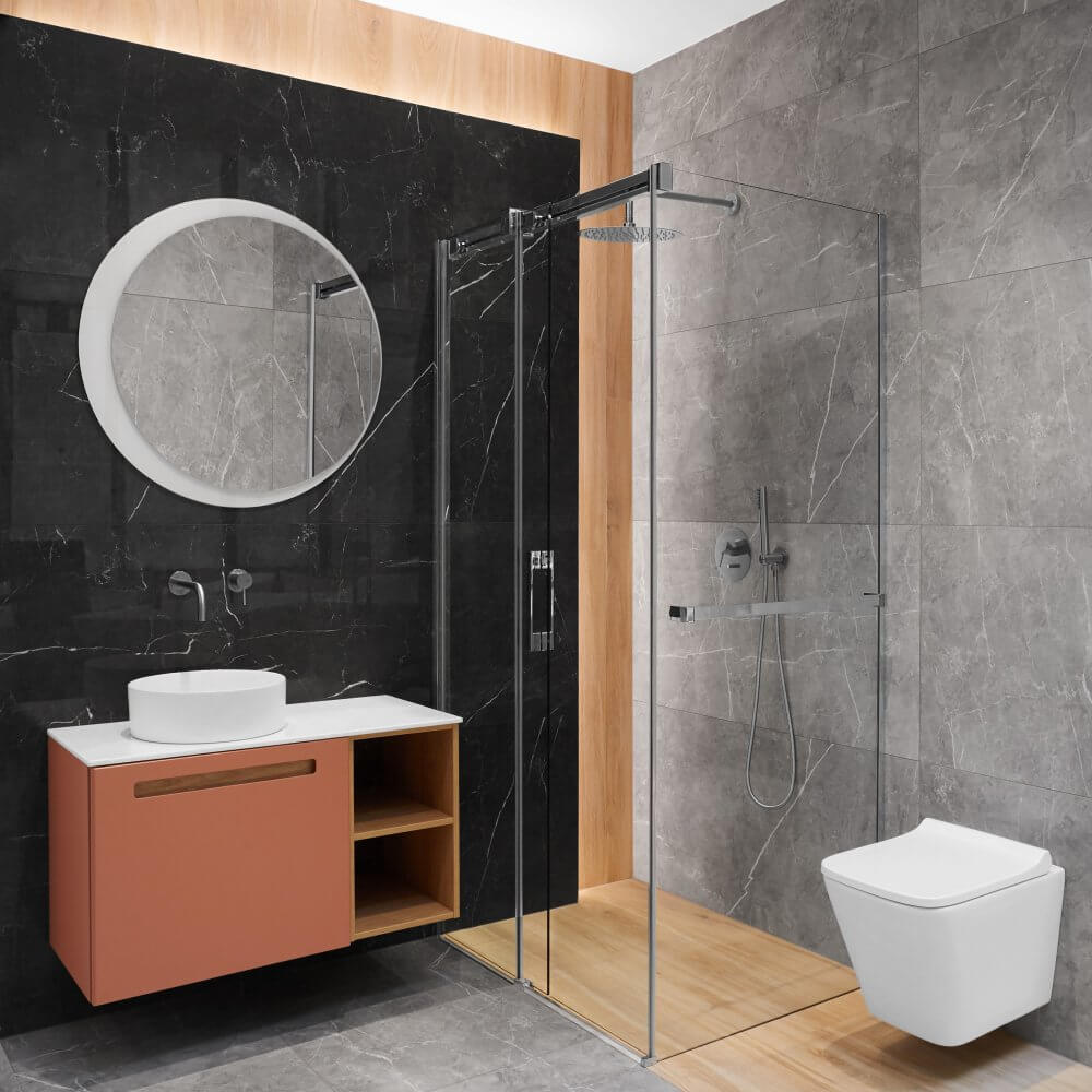 Szaro czarna łazienka z drewnem | Aranżacje Inspiracje Viverto