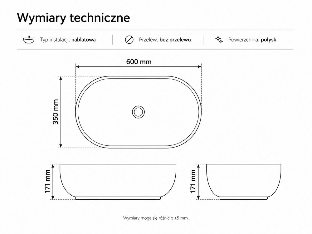 Wymiary umywalki Marmite UM 0533 C 600 C 600 x 350 x 171 mm