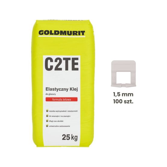Zestaw Klej Żelowy Elastyczny Do Glazury C2TE 25kg + Klipsy Do Poziomowania Płytek 1,5 mm Białe 100 Szt. Goldmurit