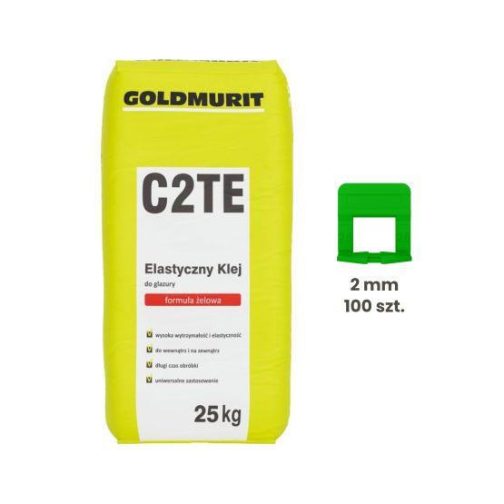 Zestaw Klej Żelowy Elastyczny Do Glazury C2TE 25kg + Klipsy Do Poziomowania Płytek 2 mm Zielone 100 Szt. Goldmurit