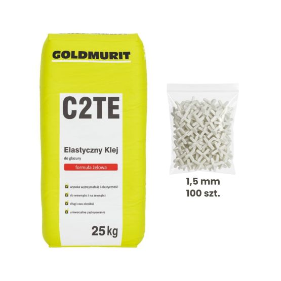 Zestaw Klej Żelowy Elastyczny Do Glazury C2TE 25kg + Krzyżyki Dystansowe Z Uchwytem 1,5mm 100 Szt. Goldmurit