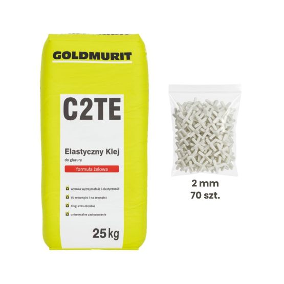 Zestaw Klej Żelowy Elastyczny Do Glazury C2TE 25kg + Krzyżyki Dystansowe Z Uchwytem 2mm 70 Szt. Goldmurit