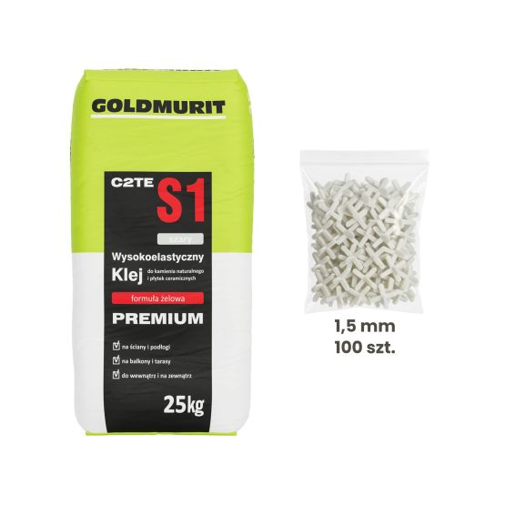 Zestaw Klej Żelowy Wysokoelastyczny Do Kamienia i Płytek Szary 25kg + Krzyżyki Dystansowe Z Uchwytem 1,5mm 100 Szt. Goldmurit