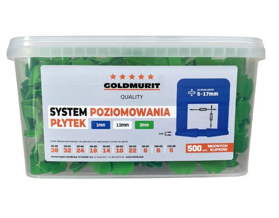 System Poziomowania Płytek Klipsy Rozmiar 2mm Zielone Opakowanie 500 sztuk Goldmurit