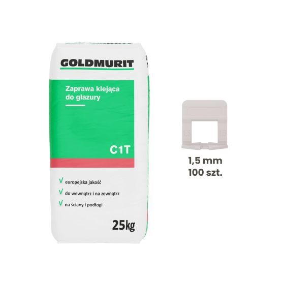 Zestaw Zaprawa Klejąca Do Glazury 25kg + Klipsy Do Poziomowania Płytek 1,5 mm Białe 100 Szt. Goldmurit