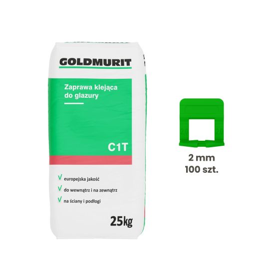 Zestaw Zaprawa Klejąca Do Glazury 25kg + Klipsy Do Poziomowania Płytek 2 mm Zielone 100 Szt. Goldmurit